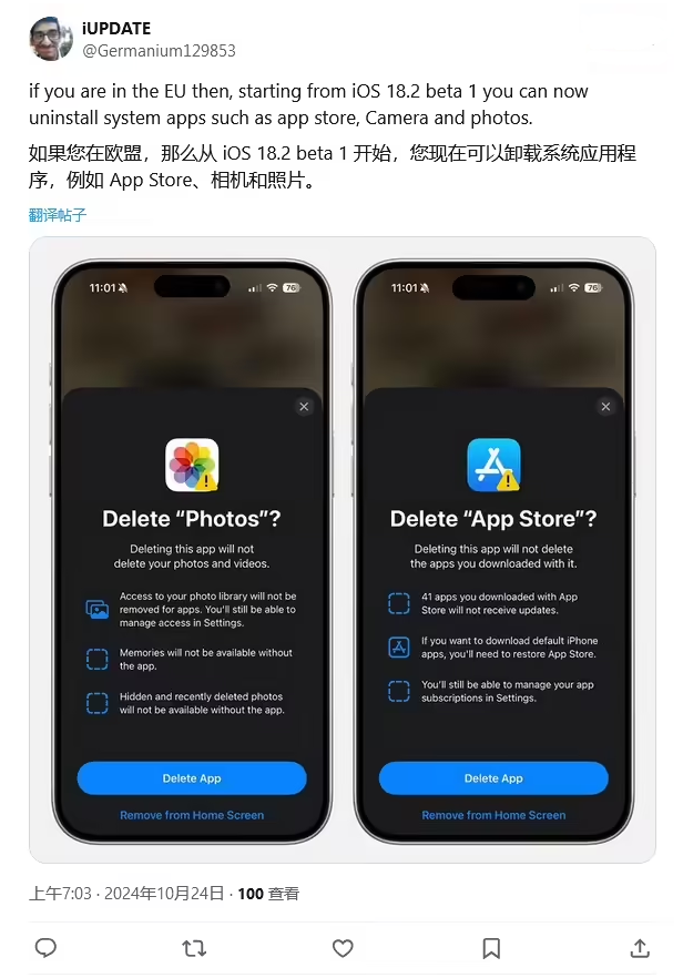 青岛苹果手机维修分享iOS 18.2 支持删除 App Store 应用商店 